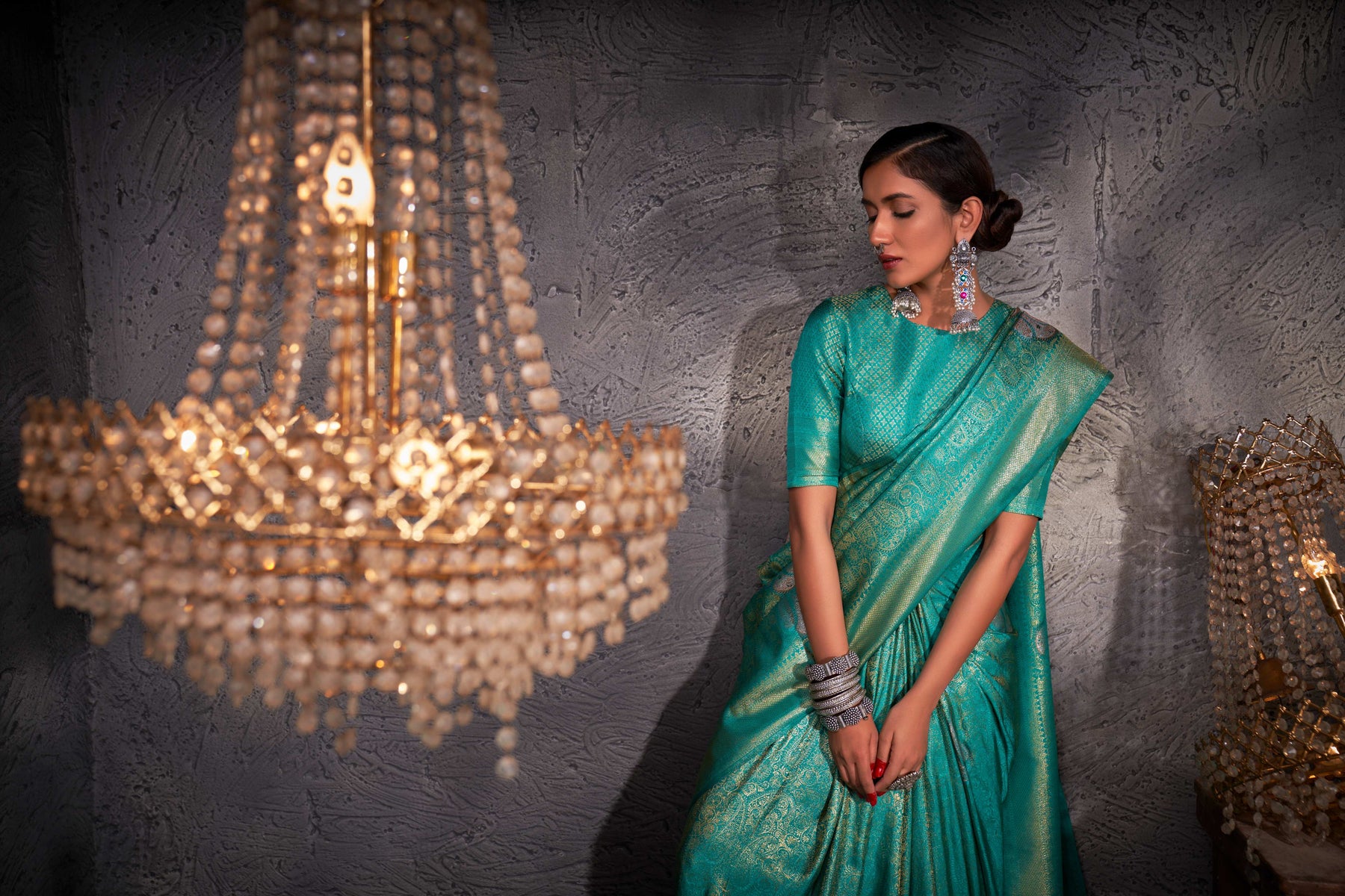 Robin Egg Blue Gold with Copper Silver Zari Kanjivaram Silk Saree - Image 5