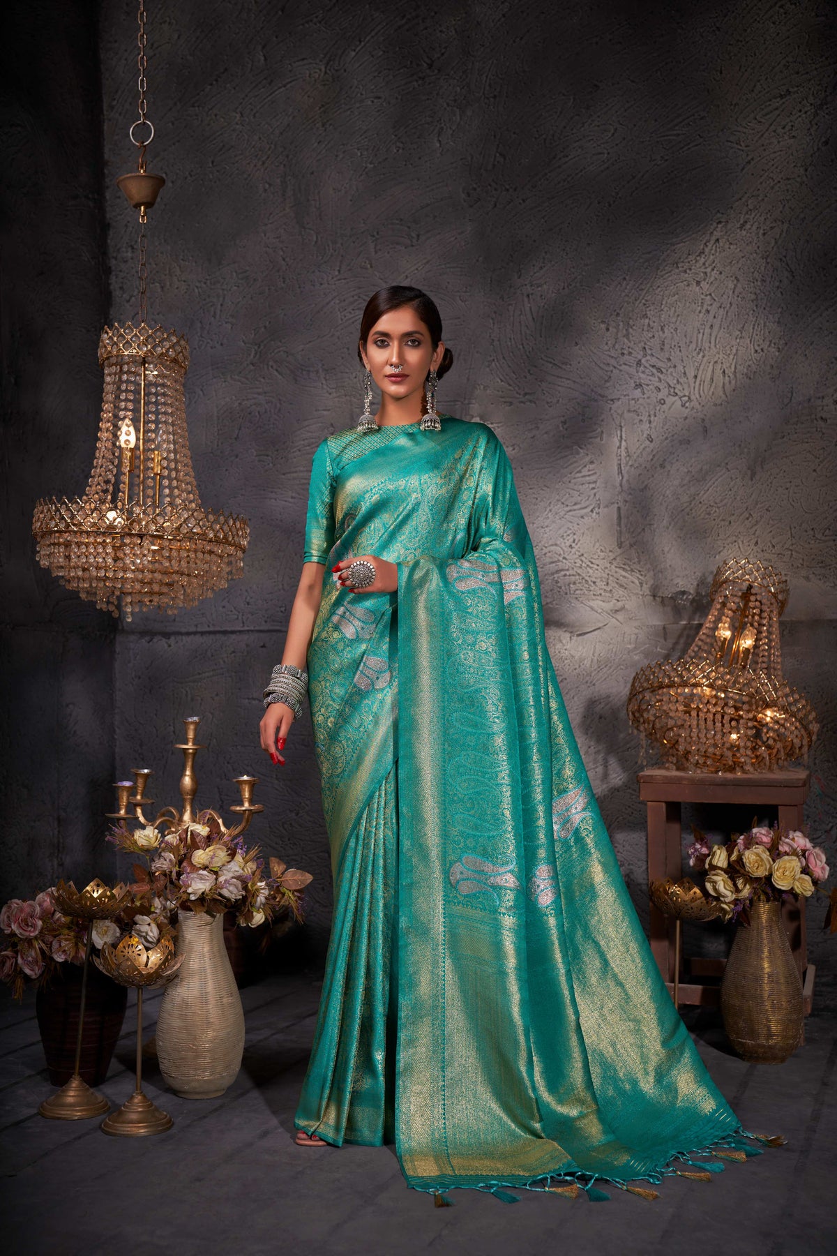 Robin Egg Blue Gold with Copper Silver Zari Kanjivaram Silk Saree - Image 4
