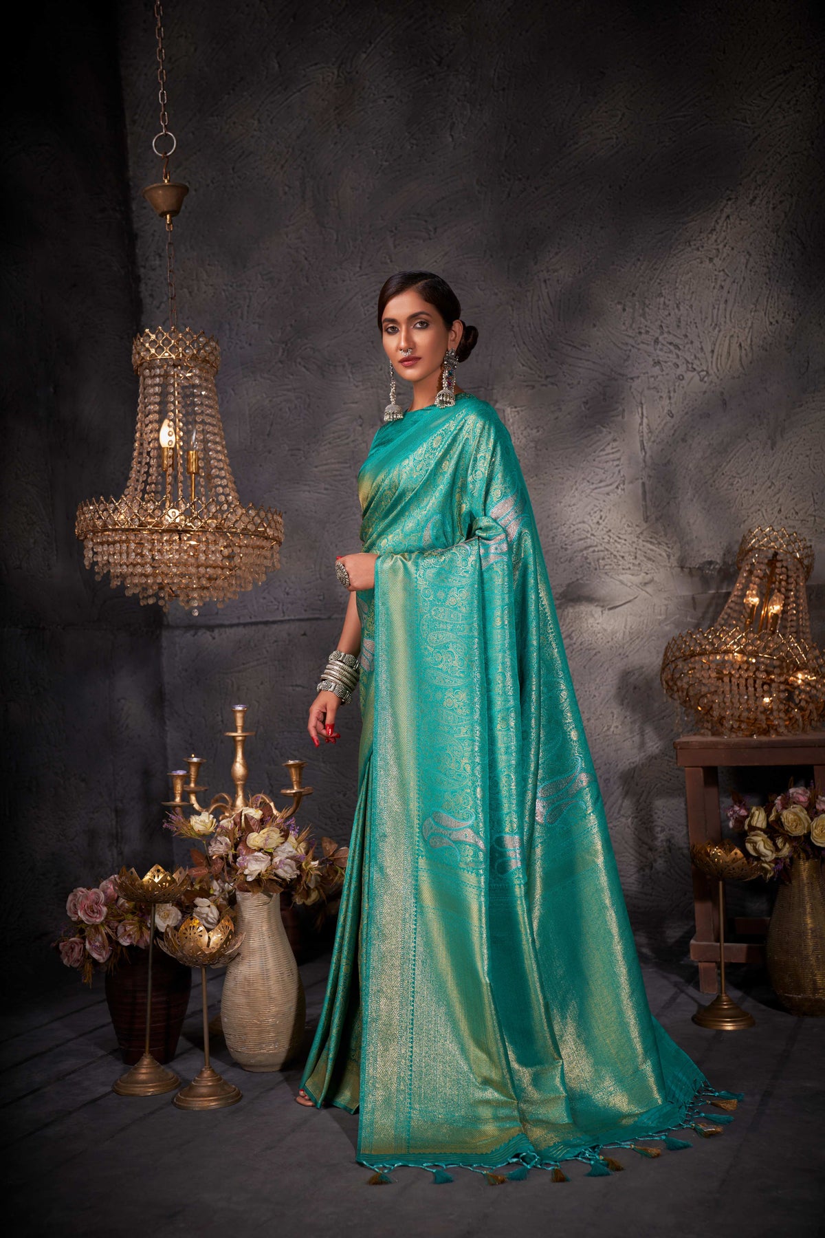 Robin Egg Blue Gold with Copper Silver Zari Kanjivaram Silk Saree - Image 3