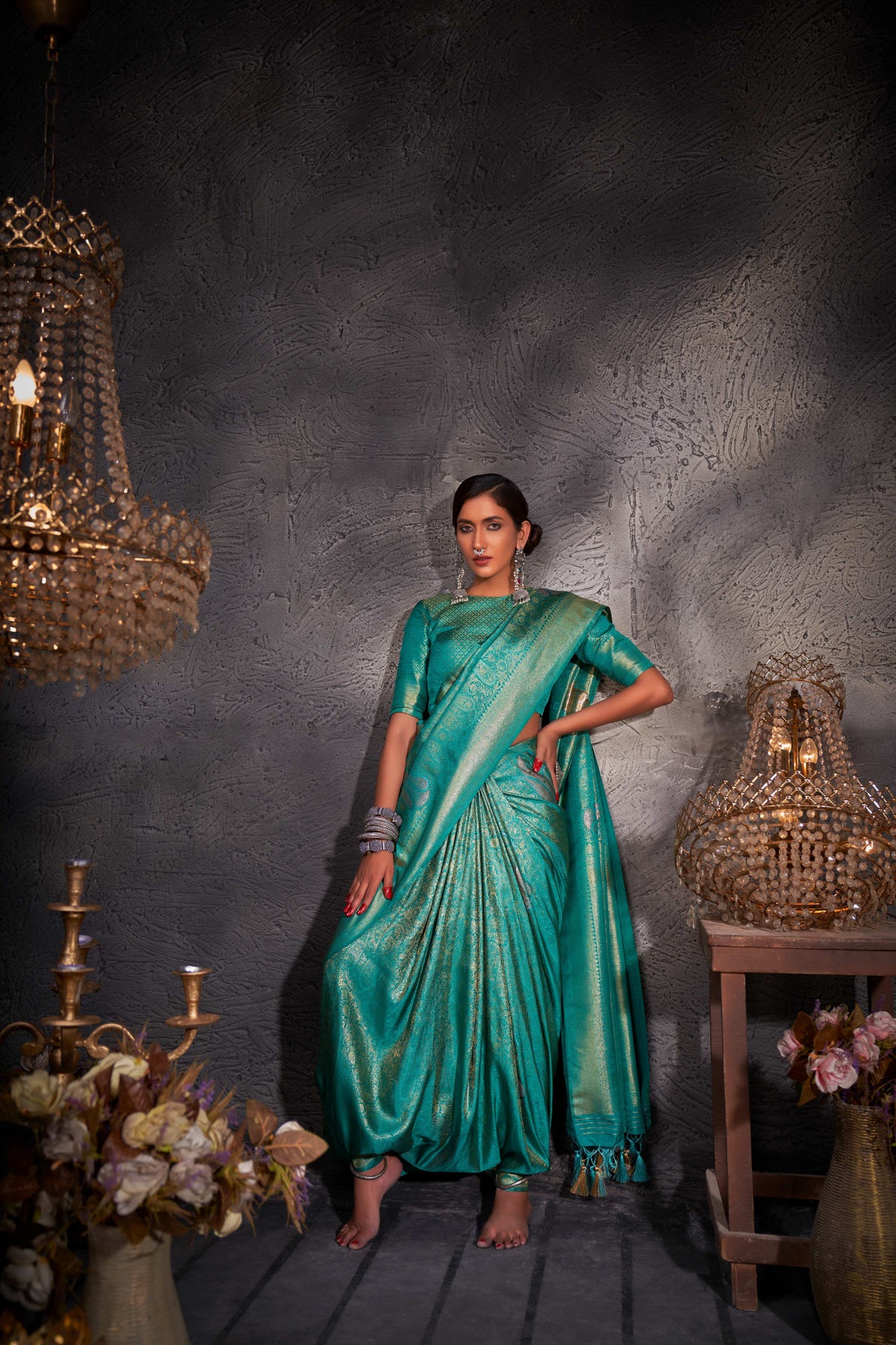Robin Egg Blue Gold with Copper Silver Zari Kanjivaram Silk Saree